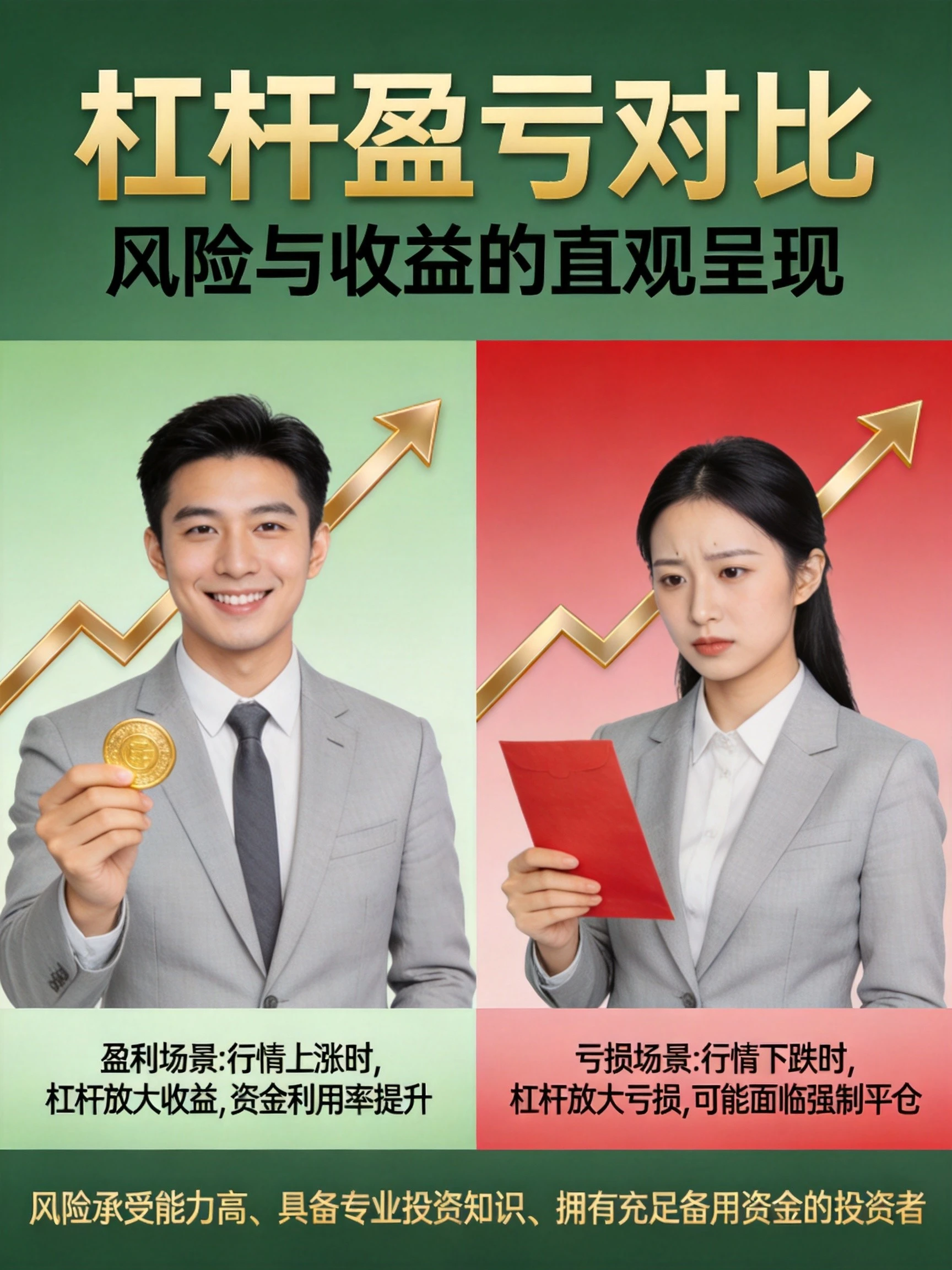 杠杆盈亏对比与适合人群图,展示不同杠杆倍数(1倍/5倍/10倍/20倍)的收益对比,以及现货适合人群(新手/长期/不想盯盘)和合约适合人群(有经验/短线/高风险承受) 杠杆盈亏对比与适合人群图,展示不同杠杆倍数(1倍/5倍/10倍/20倍)的收益对比,以及现货适合人群(新手/长期/不想盯盘)和合约适合人群(有经验/短线/高风险承受)
