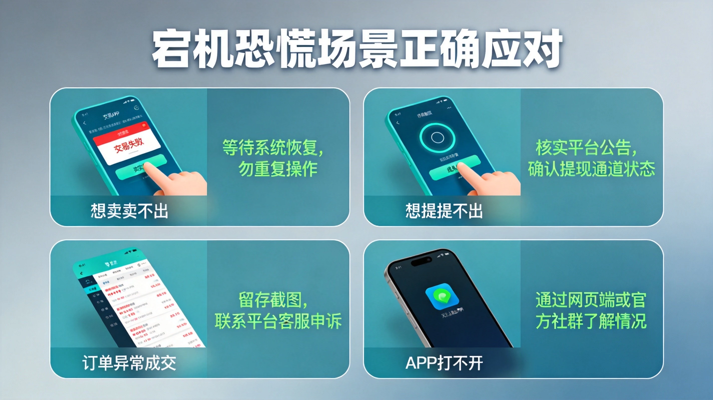 蓝绿色科技风格宕机场景应对对比信息图,展示四个常见恐慌场景及其正确应对方法,对比清晰直观 蓝绿色科技风格宕机场景应对对比信息图,展示四个常见恐慌场景及其正确应对方法,对比清晰直观